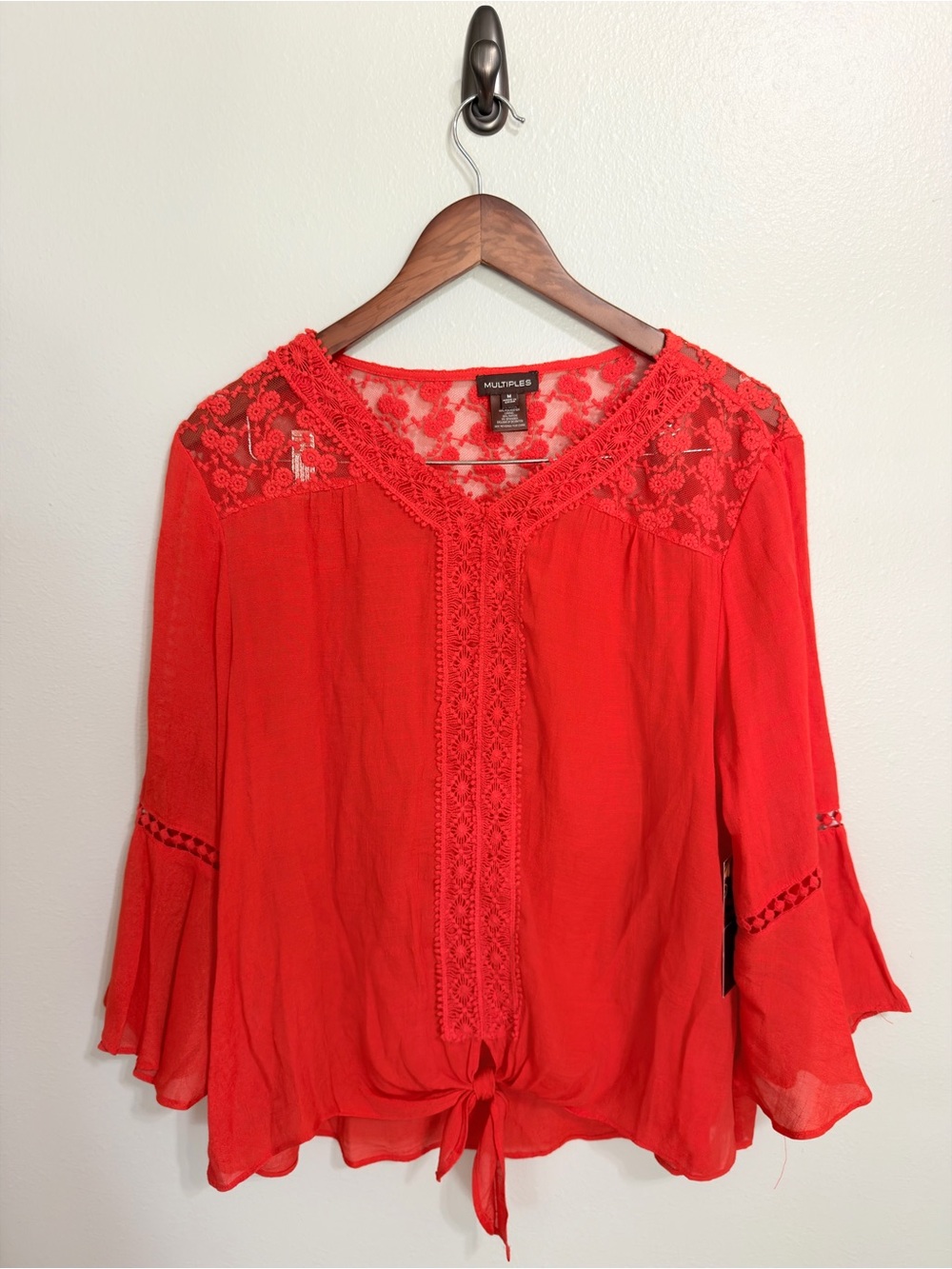Red Boho Lace Trim Front Tie Bell Sleeve Blouse Chiffon Top Medium